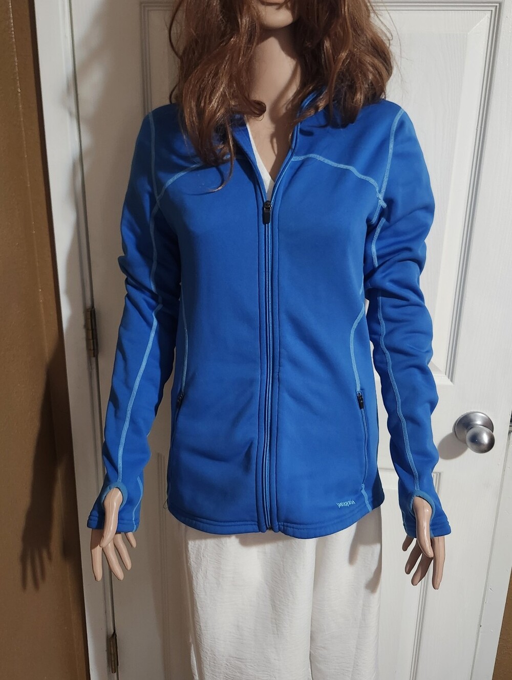Womens Blue Patagonia Polartec Power Dry Zipup Jacket With Hoodie Size M